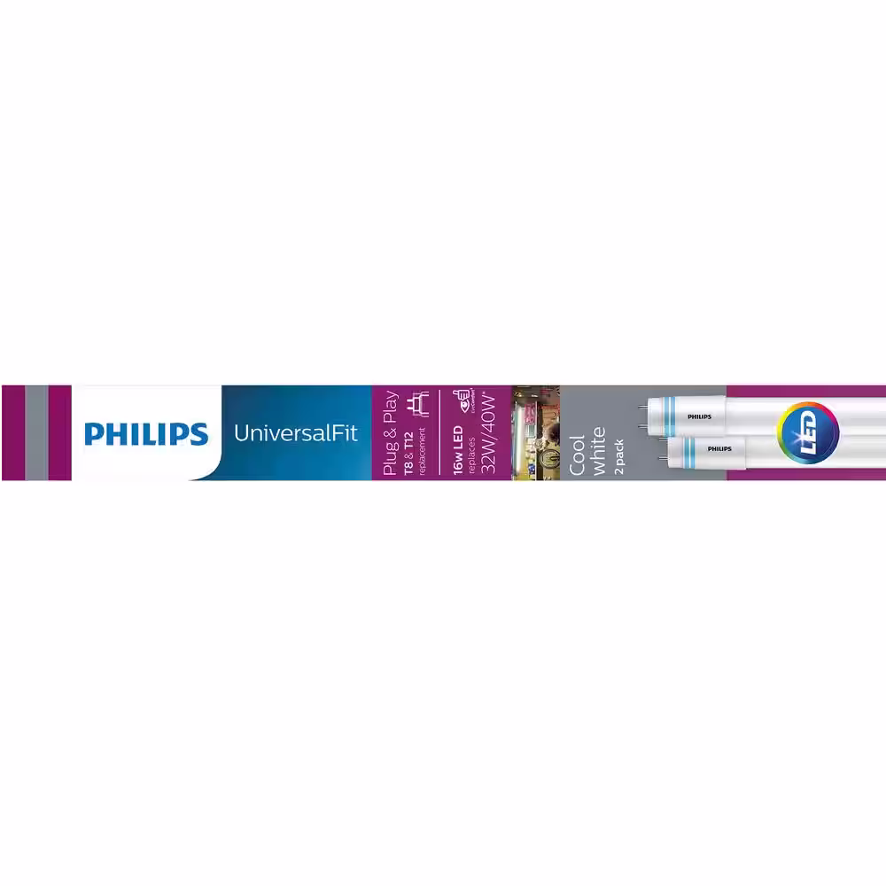 Philips 32W T8/40W T12 Equivalent 4 ft. Type A Linear Universal Fit Cool White LED Tube Light Bulb (4000K) (2-Pack)