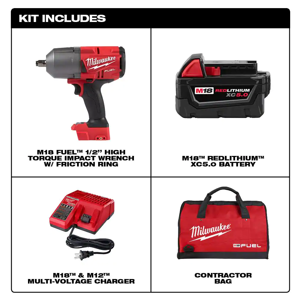 Milwaukee M18 FUEL 18V Lithium-Ion Brushless Cordless 1/2 in. Impact Wrench w/Friction Ring Kit w/One 5.0 Ah Battery and Bag