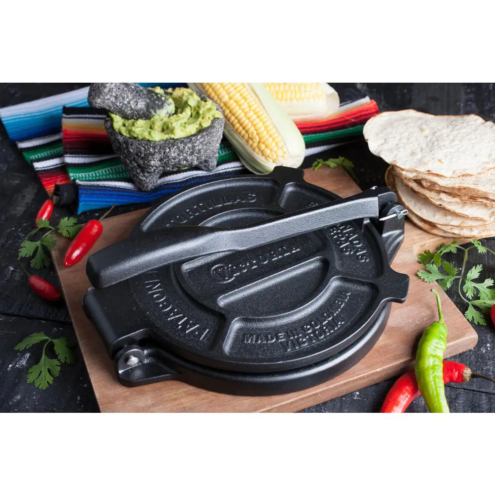 None 8 in. Black Cast Iron Tortilla Press and Pataconera Seasoned