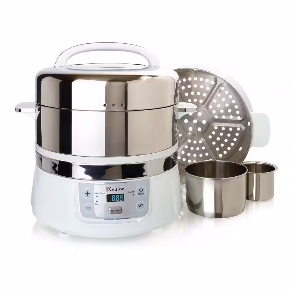 Euro Cuisine 16.9 Qt. White Food Steamer and Rice Cooker with Built-In Timer