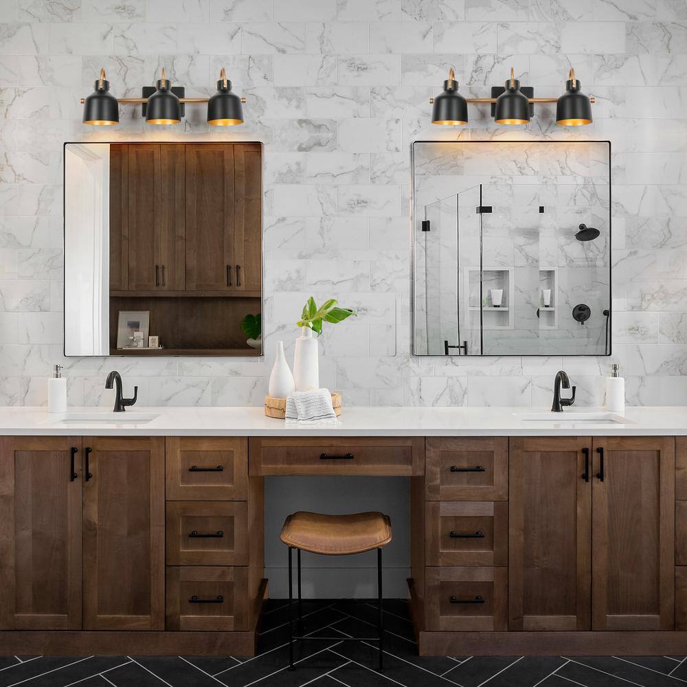 Uolfin Modern Bathroom Vanity Light, 22.5 in. 3-Light Farmhouse Black and Gold Bell Cylinder Wall Sconce Light