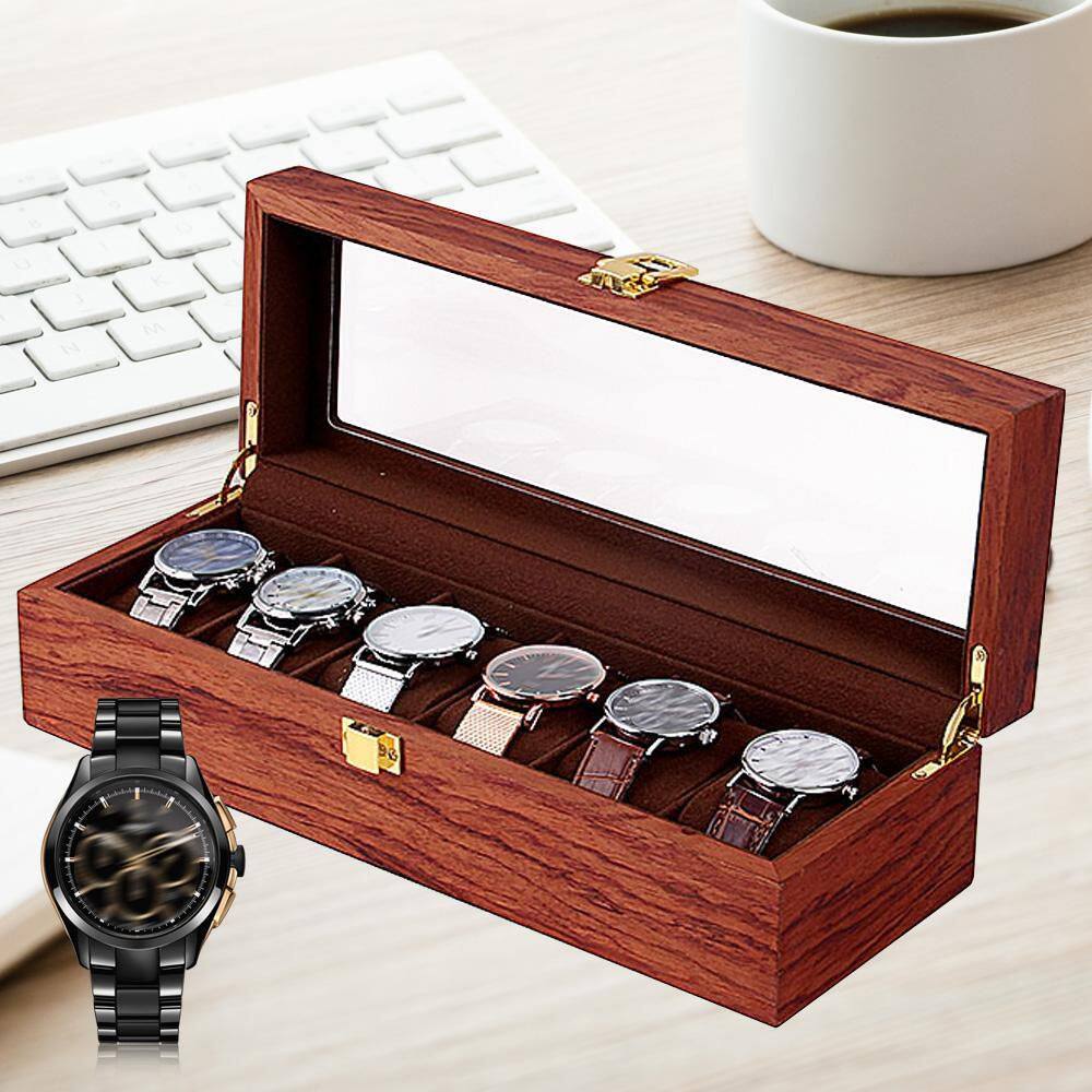 YIYIBYUS 6 Slots Vintage Red Wooden Watch Box Display Organizer Jewelry Storage Case