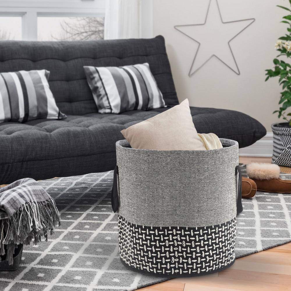 LR Home Amara Modern Gray / Black Monochromatic Embroidered Decorative Storage Basket