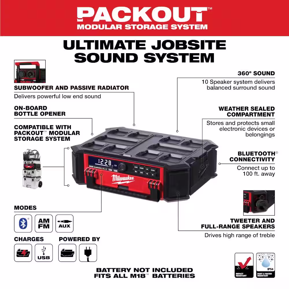 Milwaukee M18 Lithium-Ion Cordless PACKOUT Radio/Speaker with Built-In Charger w/PACKOUT 22 in. Rolling Tool Box & 16 Qt. Cooler