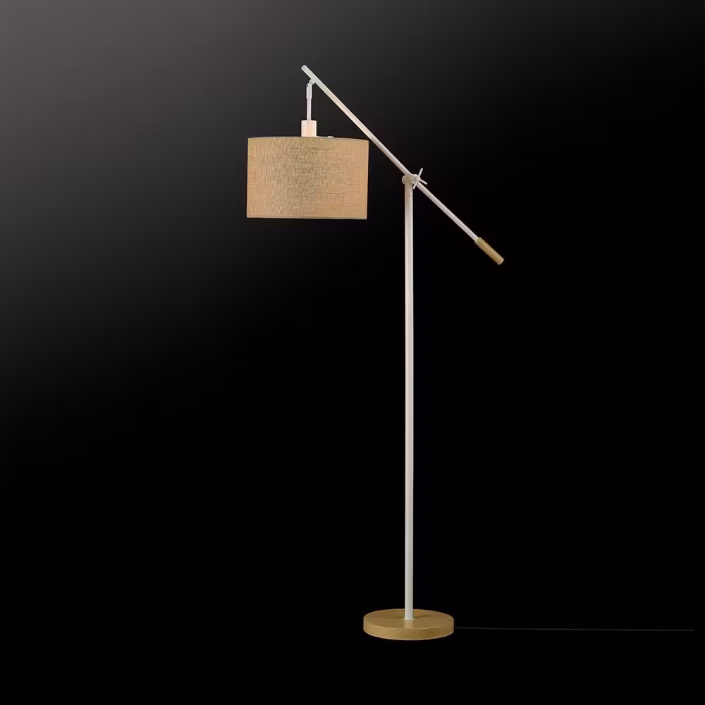 Globe Electric 66 in. Matte White Floor Lamp with Faux Wood Accents and Jute Shade, Dimmable Rotary Switch on Socket