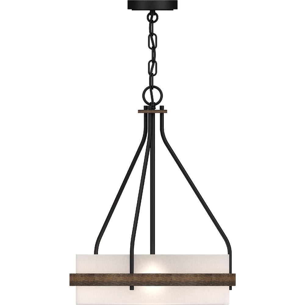 Volume Lighting Emery 3-Light Walnut and Black Indoor Mini Hanging Chandelier with Frosted Glass Drum