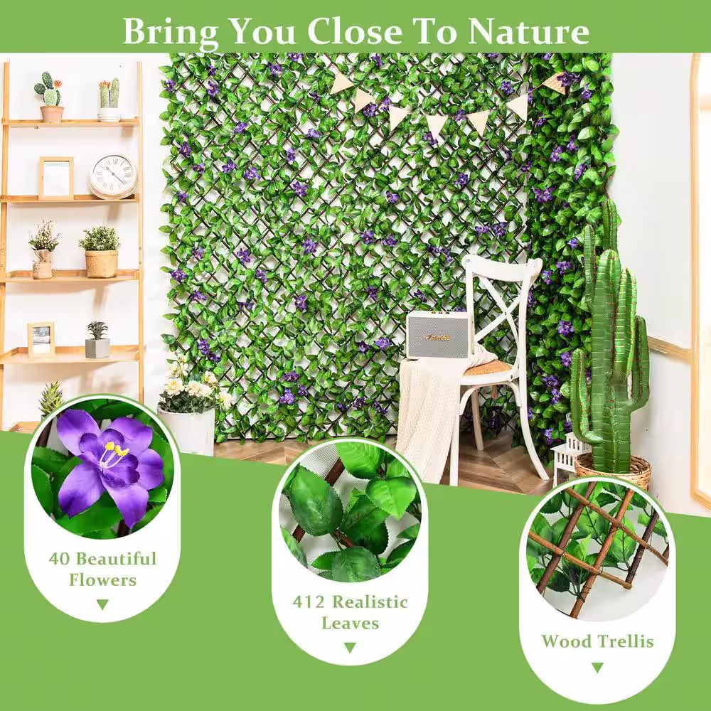 None 4-Piece 6.5 ft. W x 3.3 ft. H Artificial PE Faux Ivy Leaf Privacy Screen Fence Hedges with Flower, Green and Purple