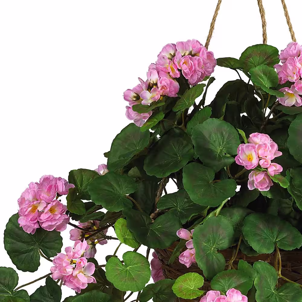 Nearly Natural 24 in. Artificial Geranium Floral Arrangment in Hanging Basket