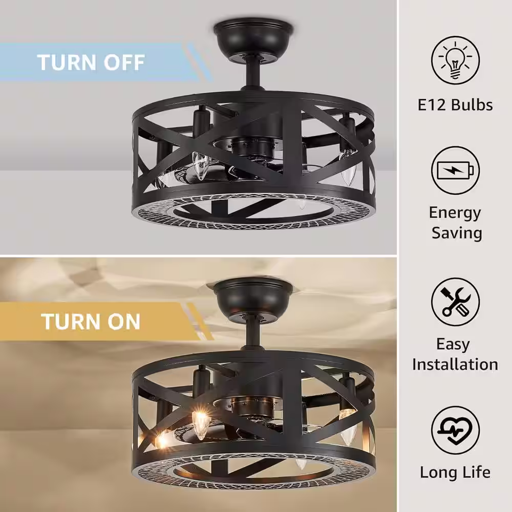 ANTOINE 17 in. Black Ceiling Fan Caged Ceiling Fan Indoor with Lights and Remote Enclosed Ceiling Fan