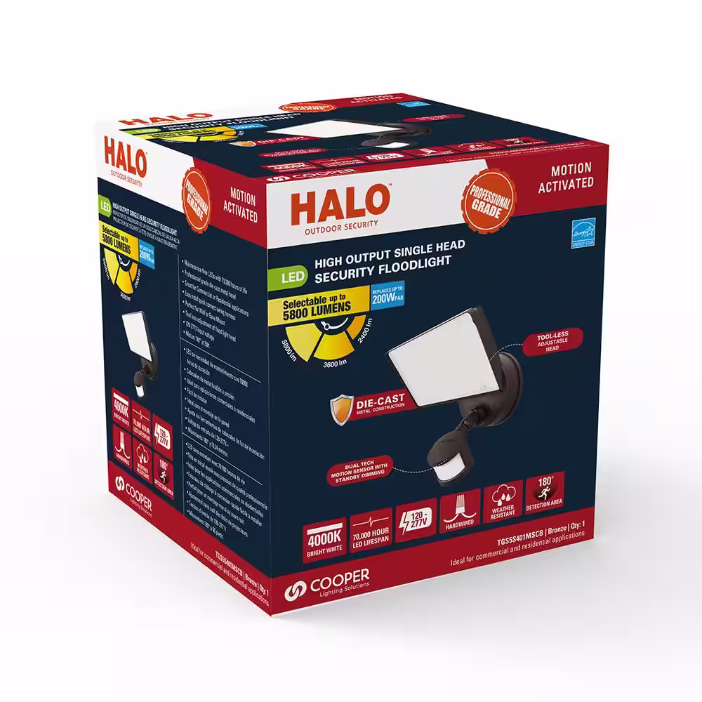 HALO TGS Bronze, Motion Activated, Outdoor Integrated LED Flood Light with Square Single Head, 4000K, 5800 Lumens