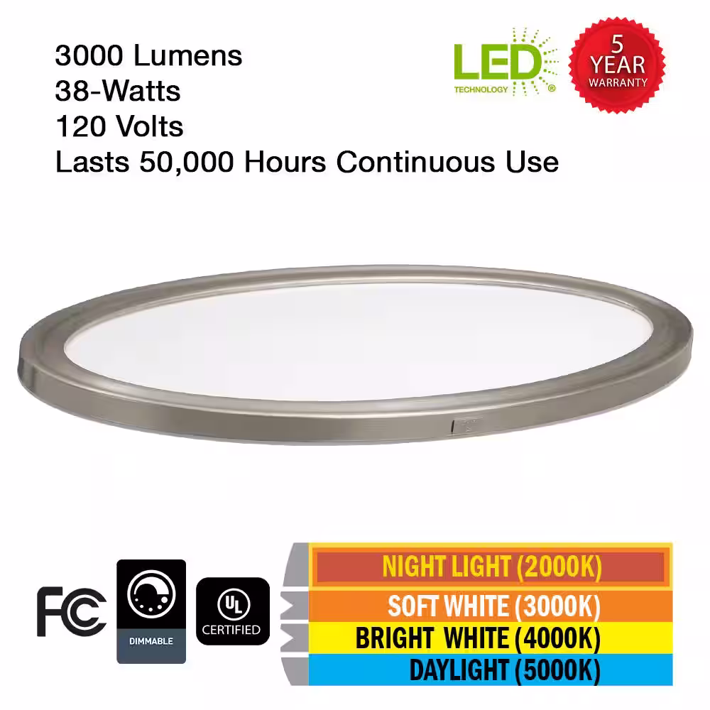 Commercial Electric 32 in. Low Profile Oval Brushed Nickel Color Selectable LED Flush Mount Ceiling Light w/ Night Light Feature