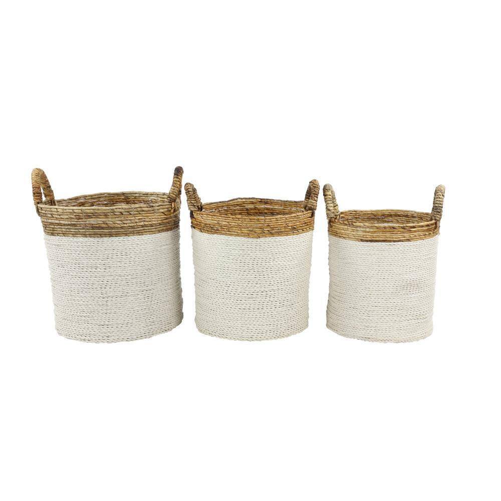 Litton Lane Seagrass Handmade Two Toned Storage Basket with Handles (Set of 3)