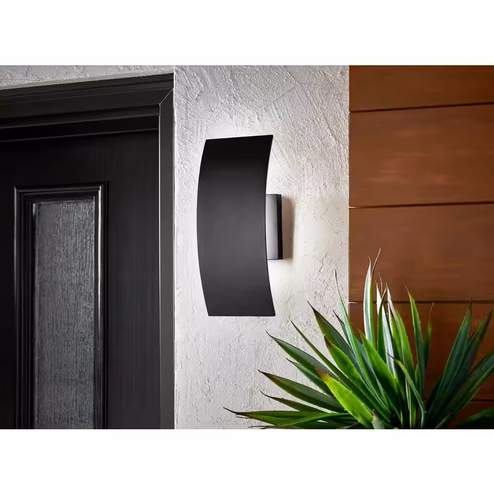 Home Decorators Collection Gardi 1-Light Sand Black Outdoor Integrated LED Wall Lantern Sconce with Etched Glass