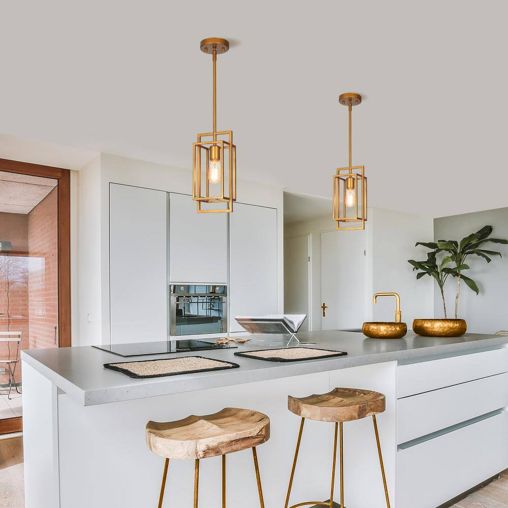 LNC 1-Light Vintage Brushed Gold Island Pendant Modern Geometric Cage Pendant Light Classic Antique Brass Foyer Light