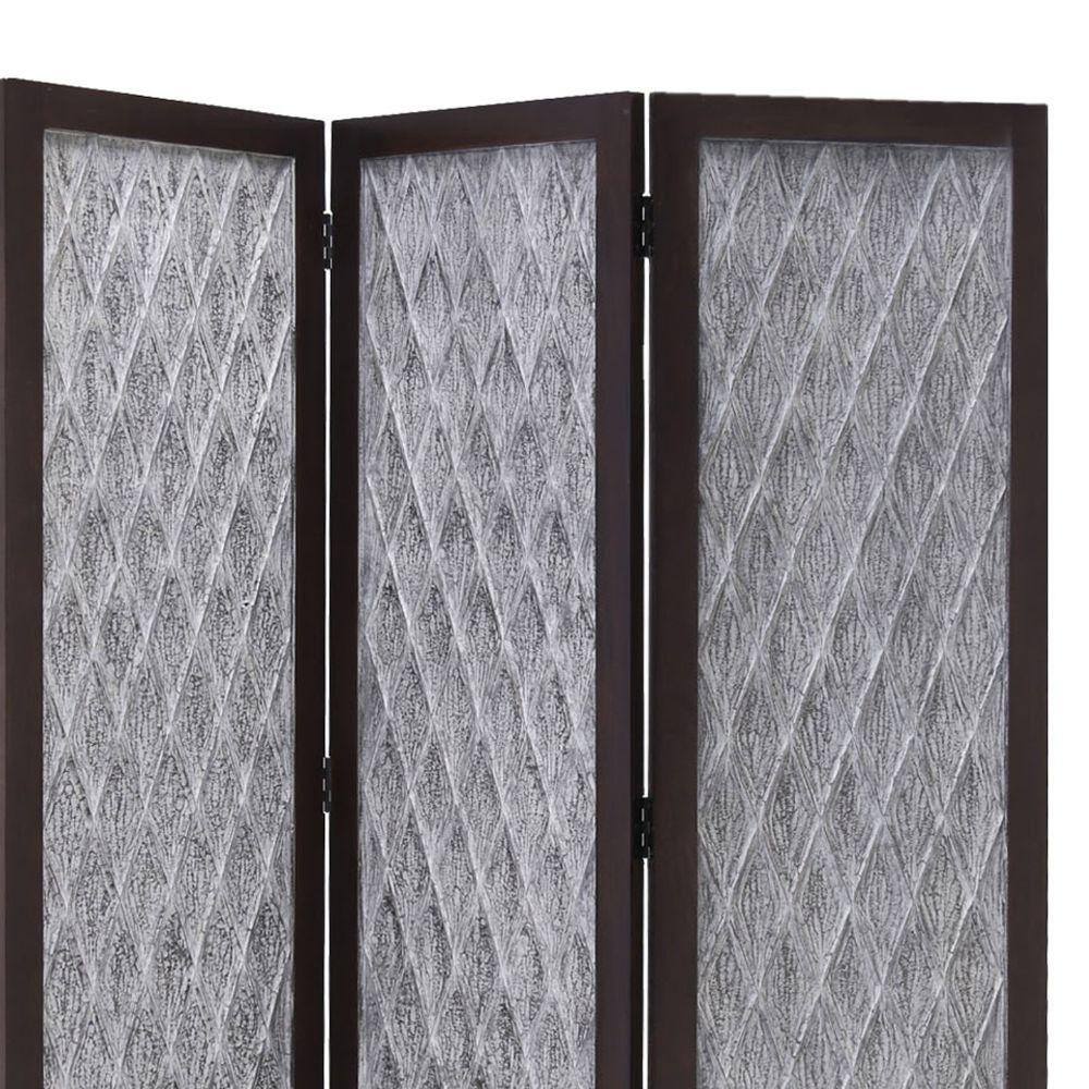 Benjara 70 in. H Gray and Black Wooden 3-Panel Room Divider with Textured Diamond Pattern
