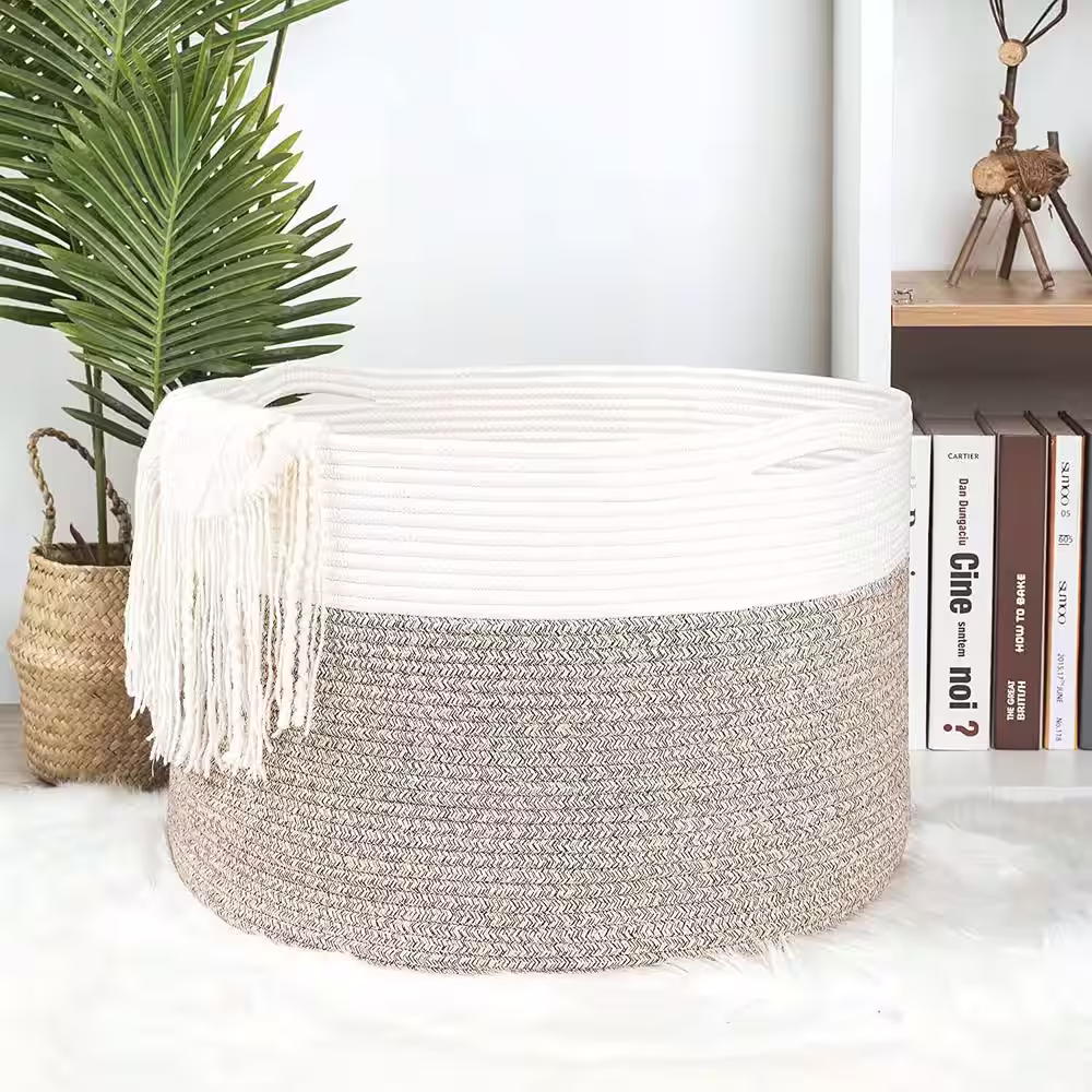None 22 x 14 Inches Light Brown Decorative Woven Cotton Rope Basket