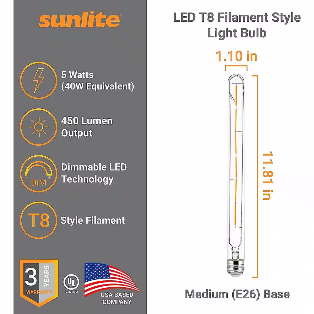 None 40-Watt Equivalent 11.81 in. T8 Linear Bulb Shape Tube Medium E26 LED Light Bulb Amber Light 2200K (10-Pack)