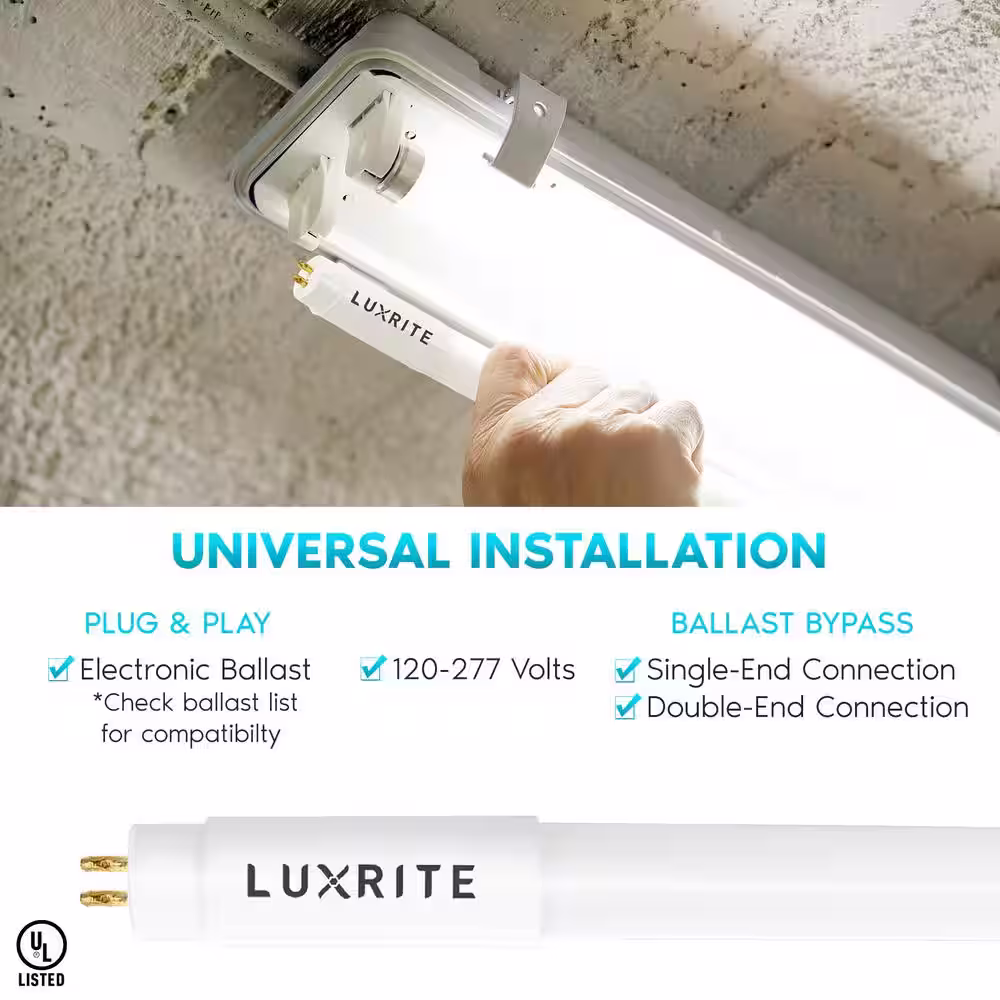 LUXRITE 24-Watt 4 ft. Linear T5 LED Tube Light Bulb 3500K Natural White Type A+B Ballast and Ballast Bypass 3000 Lumens(12-Pack)