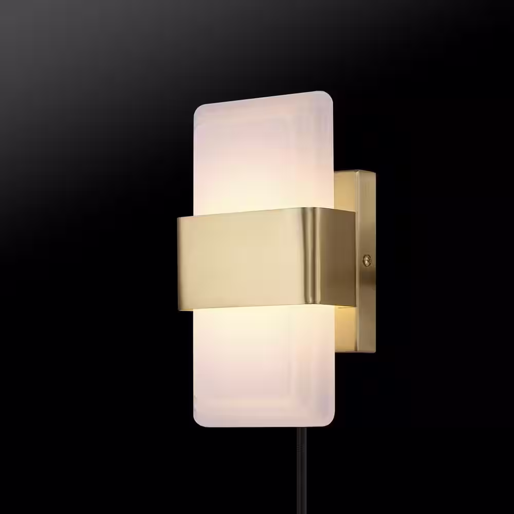 Globe Electric 1-Light Matte Brass 19-Watt LED Integrated Plug-In or Hardwire Wall Sconce with Frosted Acrylic Shade, 3000 Kelvin