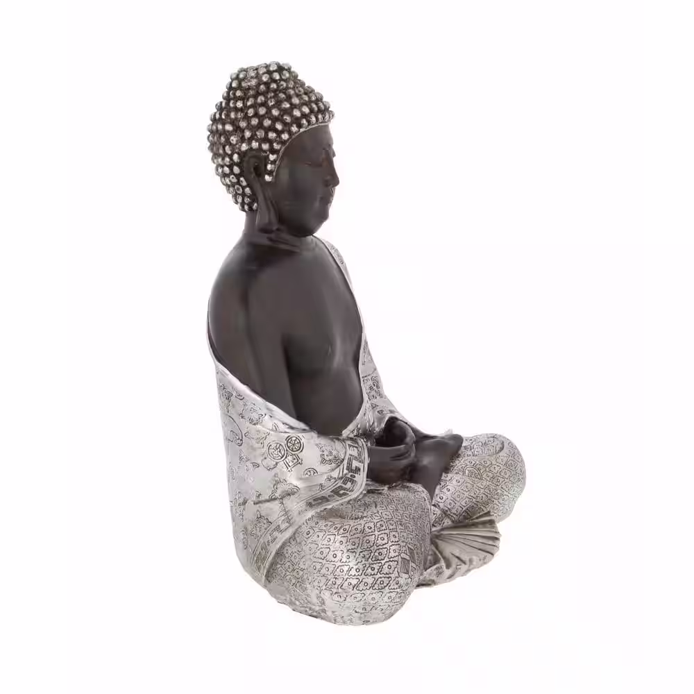 Litton Lane Silver Polystone Meditating Buddha Sculpture with Engraved Carvings and Relief Detailing