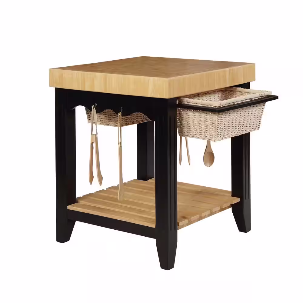 Powell Company Kolton Black Kitchen Island with Butcher Block Style Top and Storage