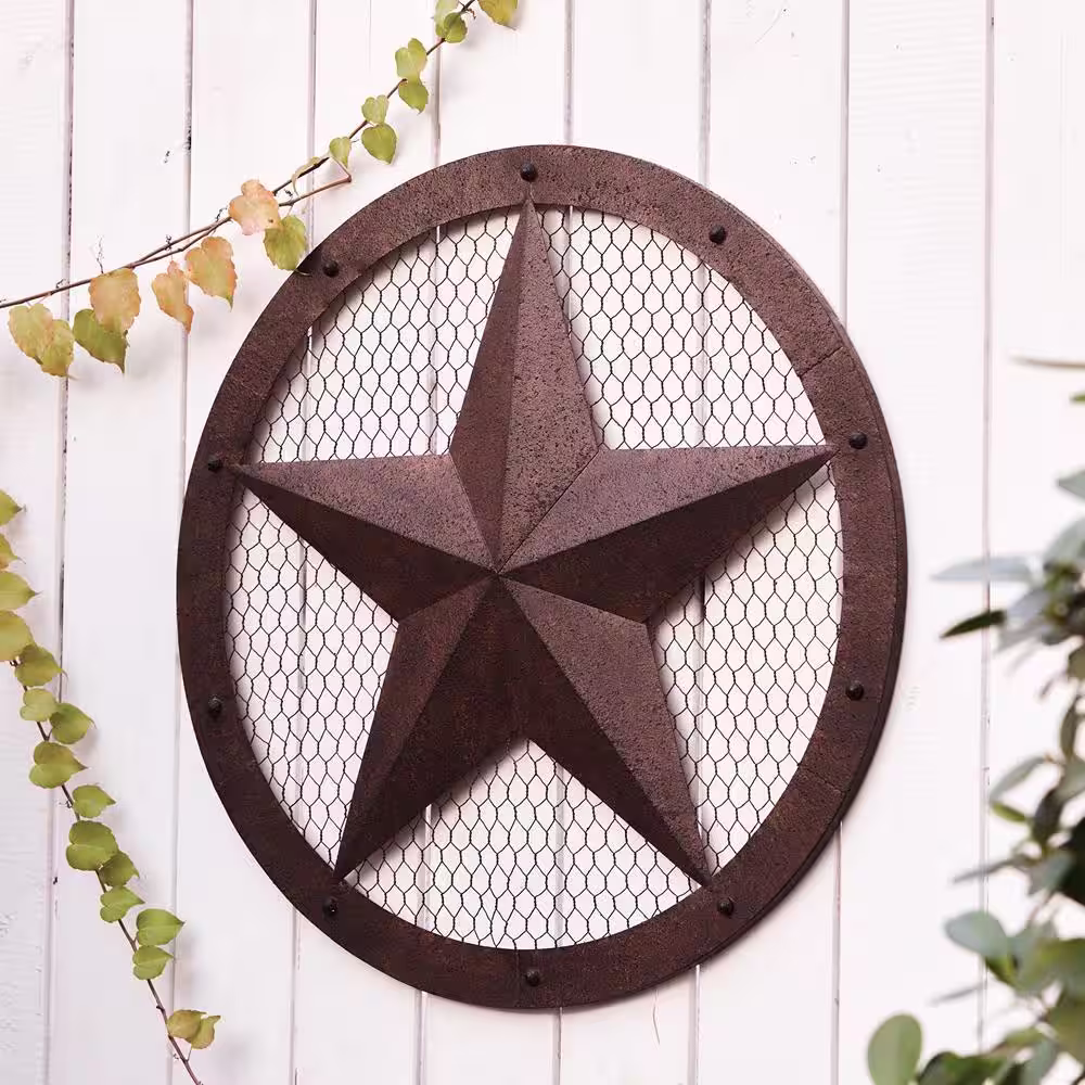 LuxenHome Star Round Frame Outdoor Metal Brown Wall Decor
