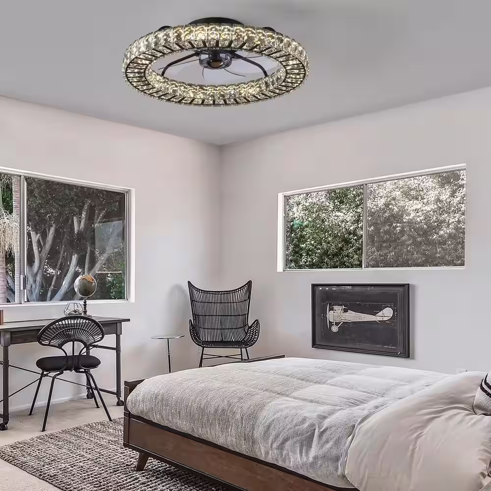 None 22 in. LED White Crystal Ceiling Fan with Modern Light White Flush Mount Fan for Bedroom
