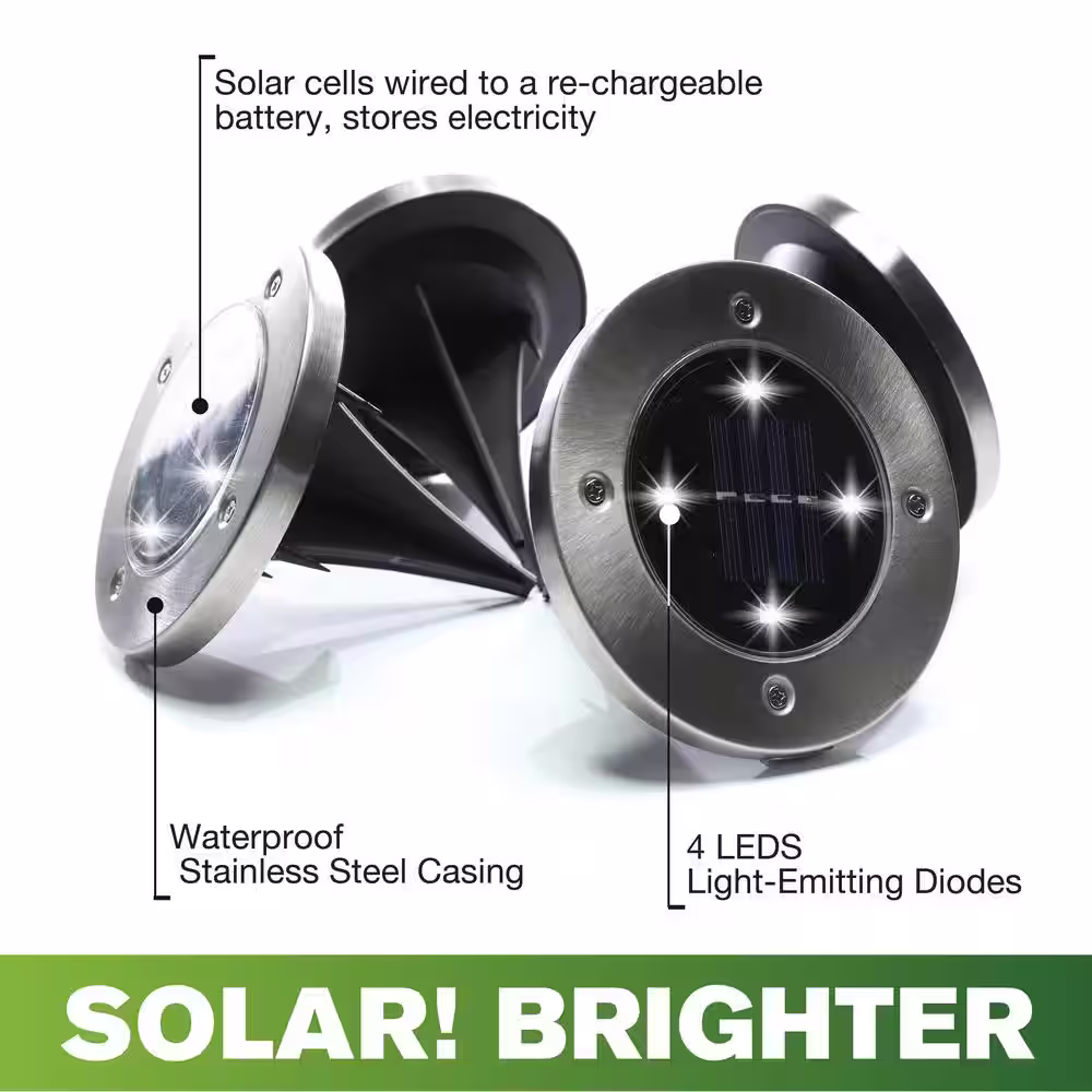 BELL+HOWELL Solar Powered Stainless Steel Outdoor Integrated LED Super Bright In-Ground Path Disk Lights (4 per Box)