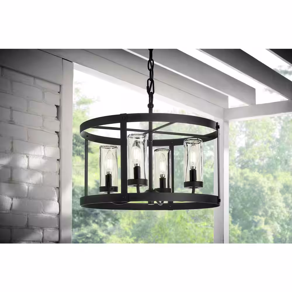 Home Decorators Collection Rockwell 4-Light Matte Black Outdoor Pendant Light with Clear Glass Shades