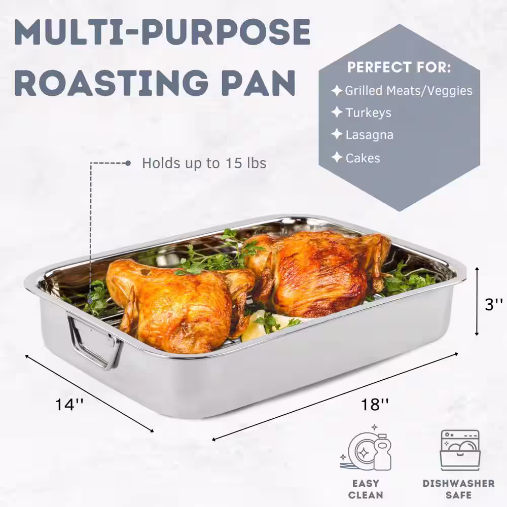 None 18 in. Classic Stainless Steel Roasting Pan with Roasting Rack