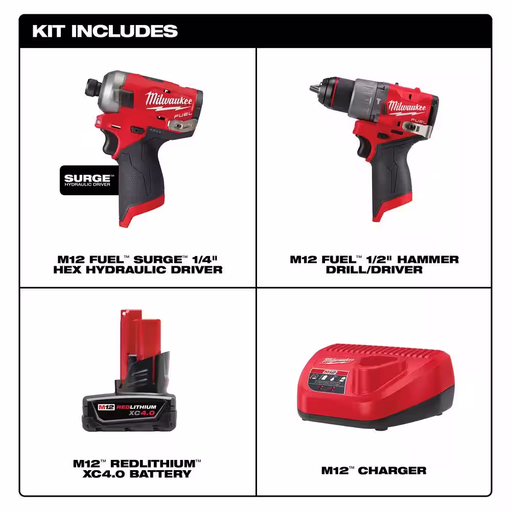Milwaukee M12 FUEL 12-Volt Lithium-Ion Brushless Cordless SURGE 1/4 in. Impact Driver & M12 FUEL Hammer Drill w/Battery & Charger