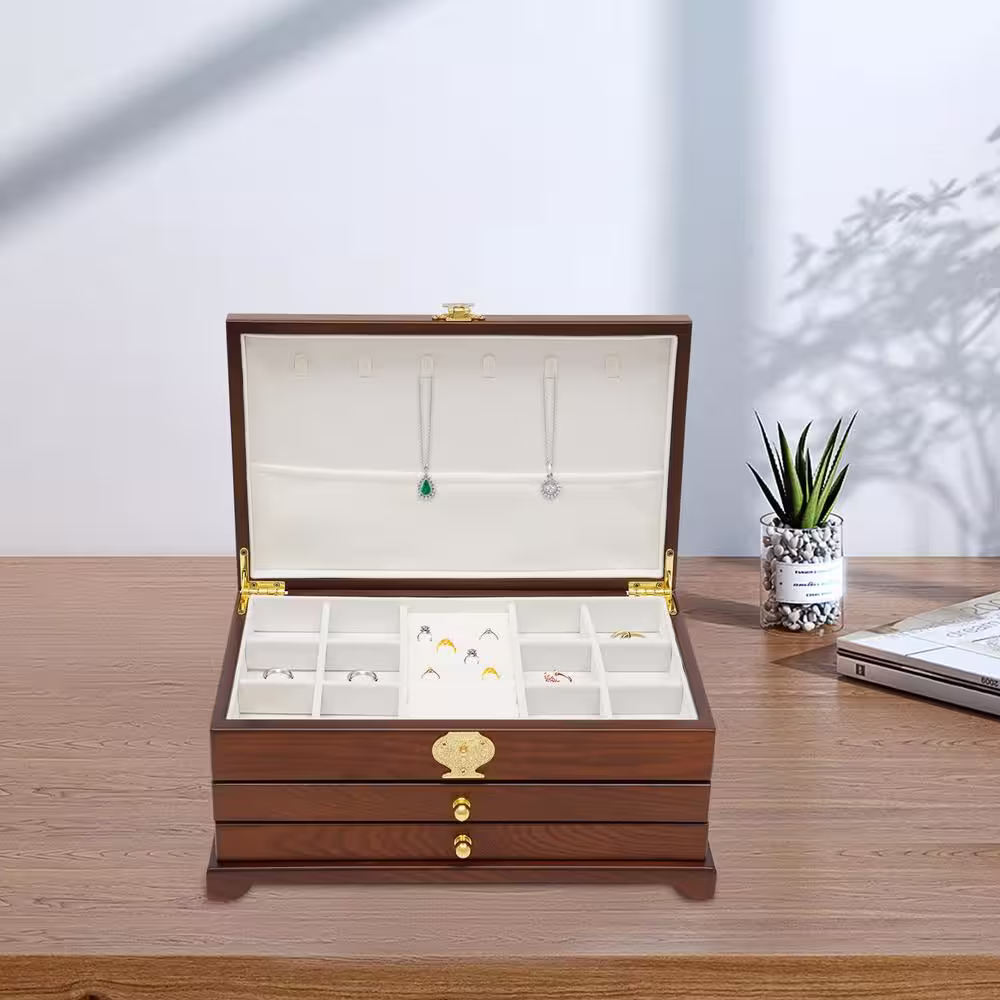 None 14.5 in. x 5.7 in. 3-Layer Dark Brown Jewelry Organizer Box for Storage Earrings Rings Necklace Bracelet