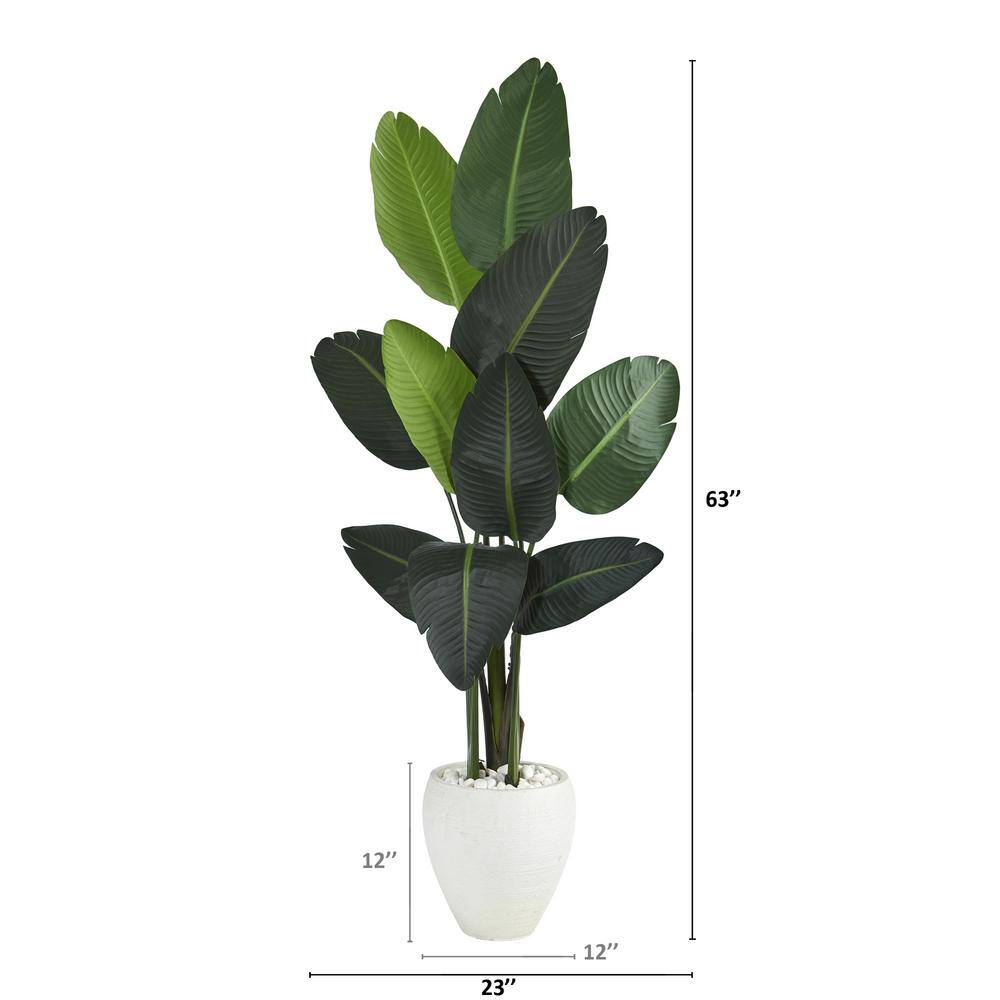 Nearly Natural 63 in. Travelers Palm Artificial Tree in White Planter