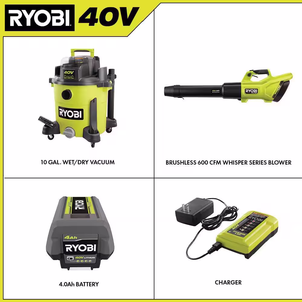 RYOBI 40V 10 Gal. Cordless Wet/Dry Vacuum with 40V HP Brushless Whisper Series Leaf Blower, 4.0 Ah Battery, and Charger
