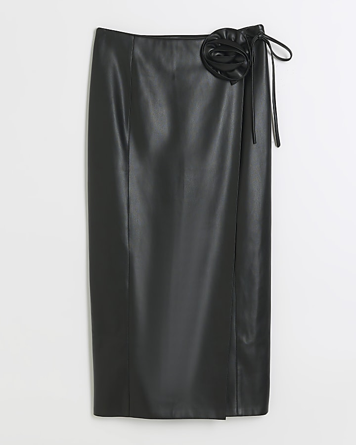 Black faux leather corsage midi skirt