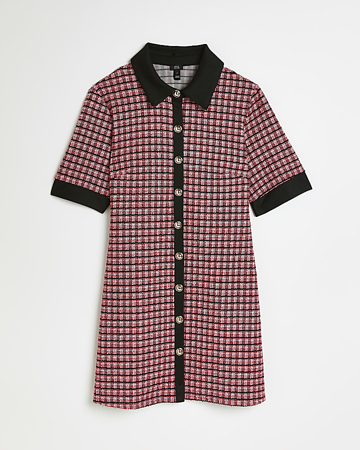 Petite pink check boucle mini shirt dress
