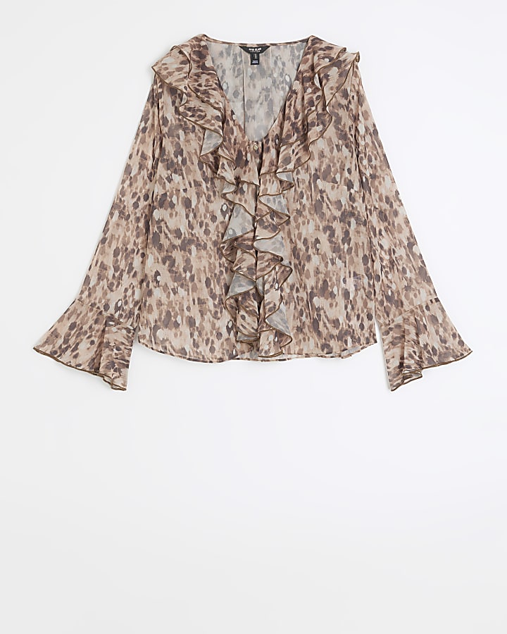 Brown animal print frill blouse