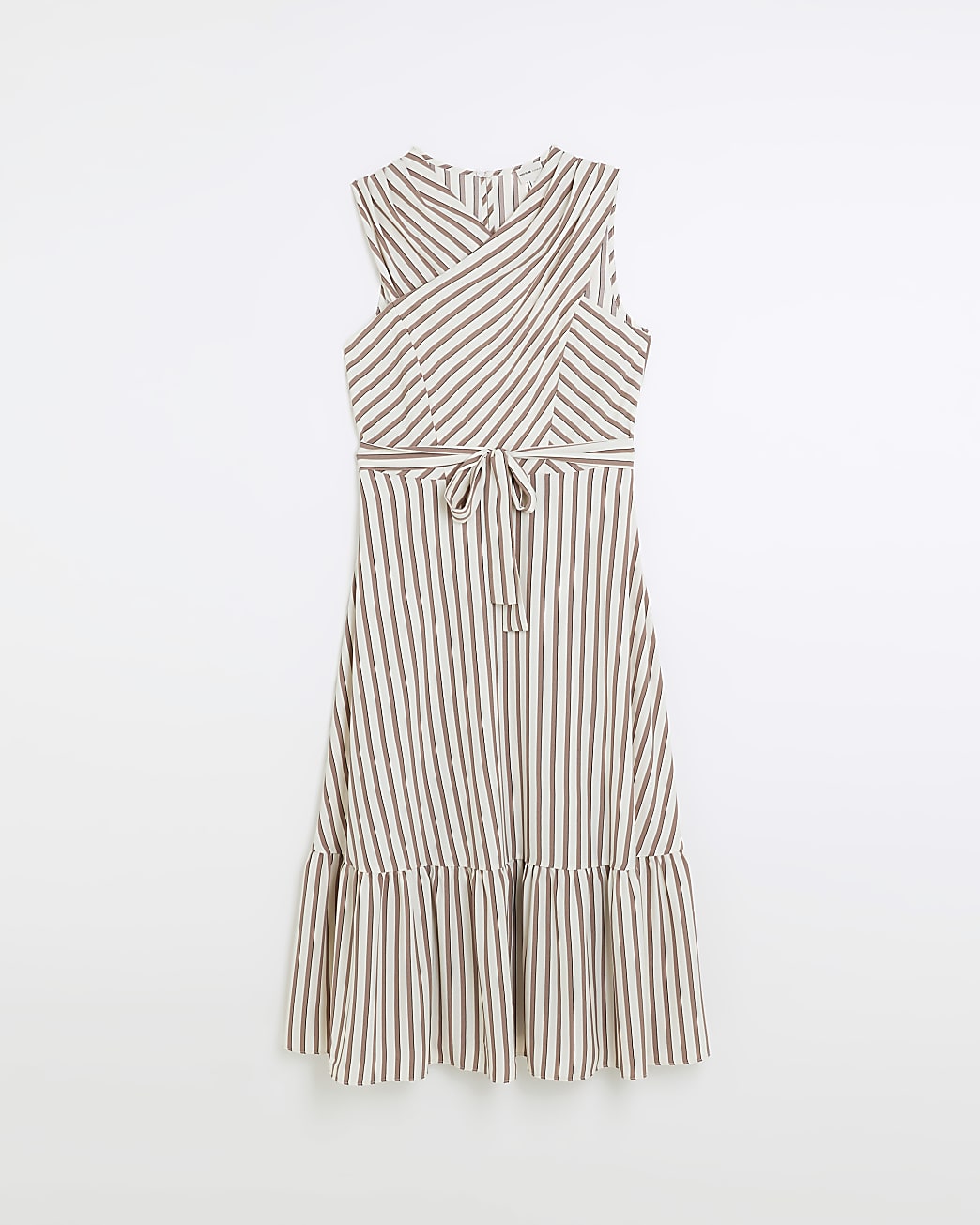 Brown striped belted bodycon midi dress