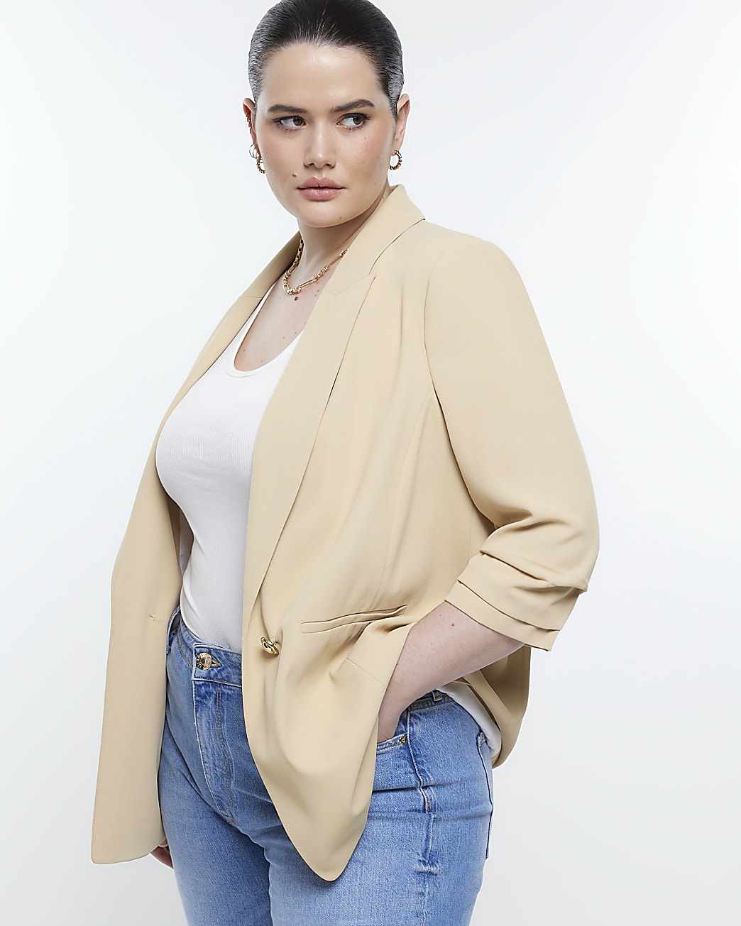 Plus beige ruched sleeve blazer