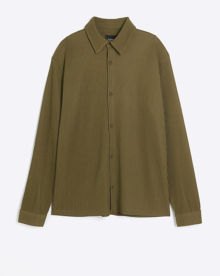 Khaki regular fit plisse long sleeve shirt