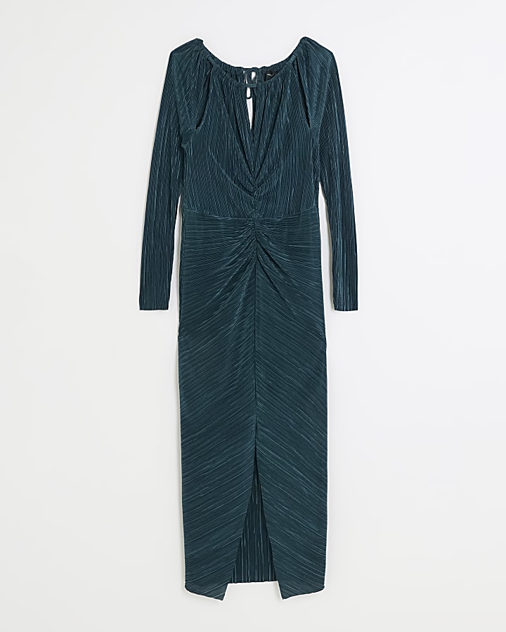 Green plisse ruched bodycon midi dress