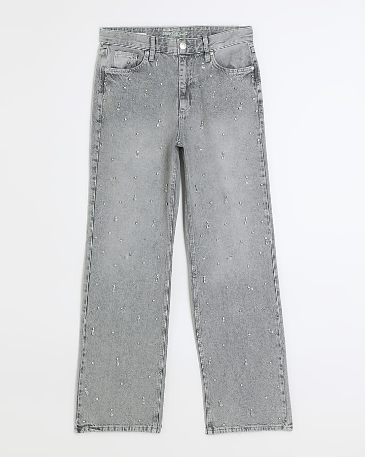 Grey embellished relaxed straight jeans