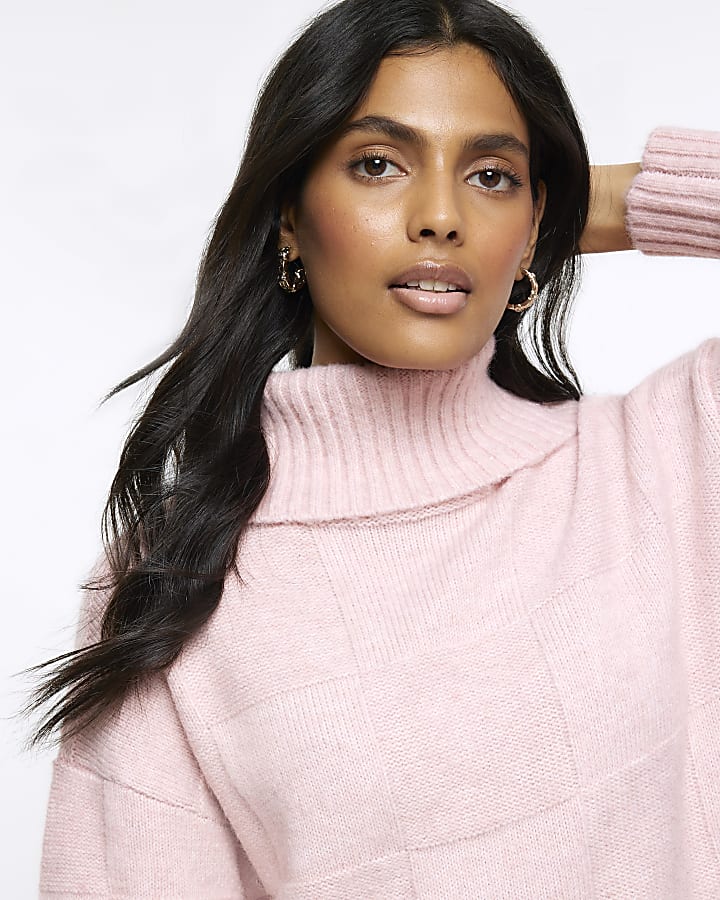 Pink textured roll neck jumper mini dress