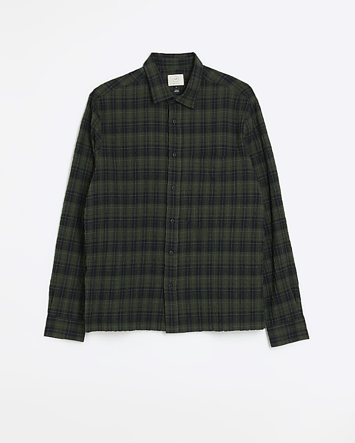 Green regular fit seersucker check shirt