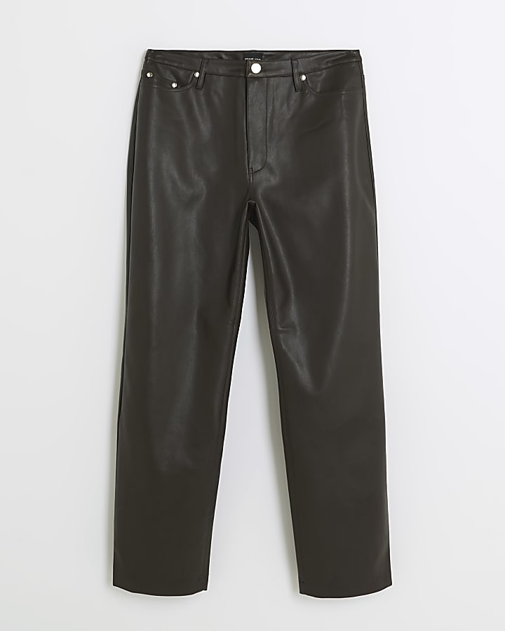 Petite brown faux leather straight trousers