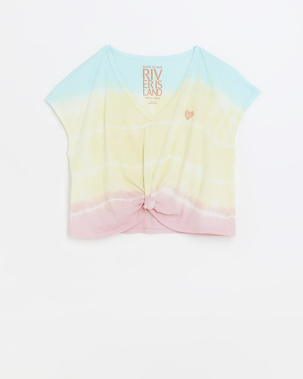 Yellow tie dye embroidered front knot t-shirt