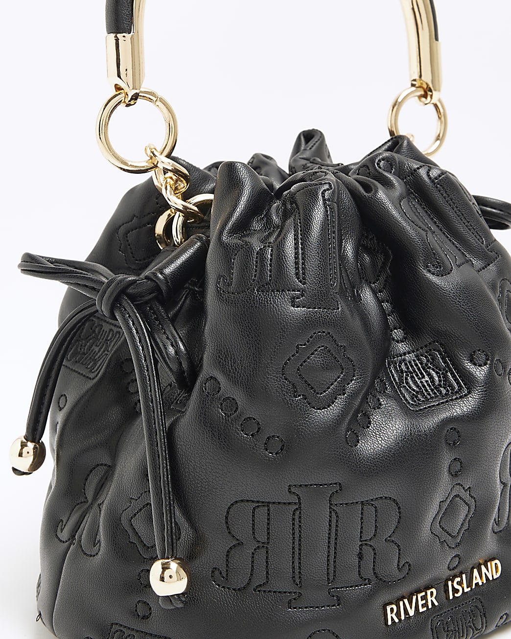Black drawstring satin bucket bag