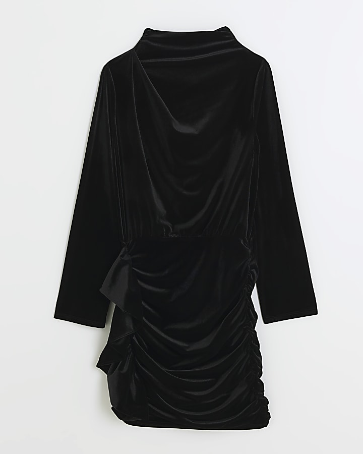 Black velvet ruched bodycon mini dress