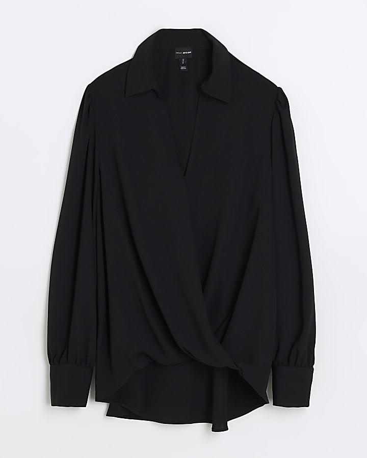 Black long sleeve wrap blouse