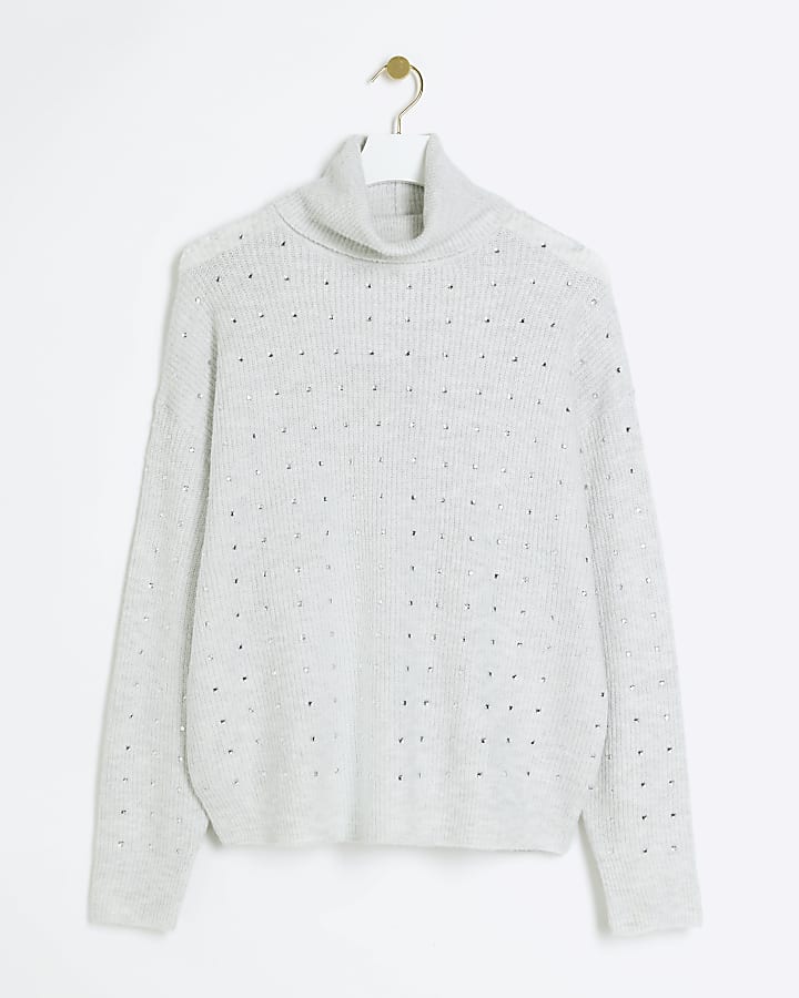 Grey diamante roll neck jumper